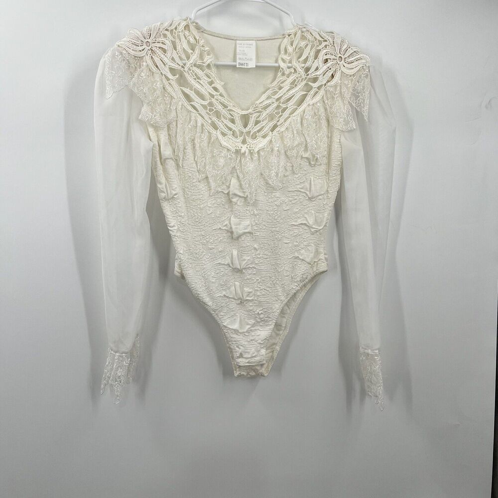VTG Bhatti France Lace Ruffle Bodysuit Shoulder Pads Victorian S/M Classy